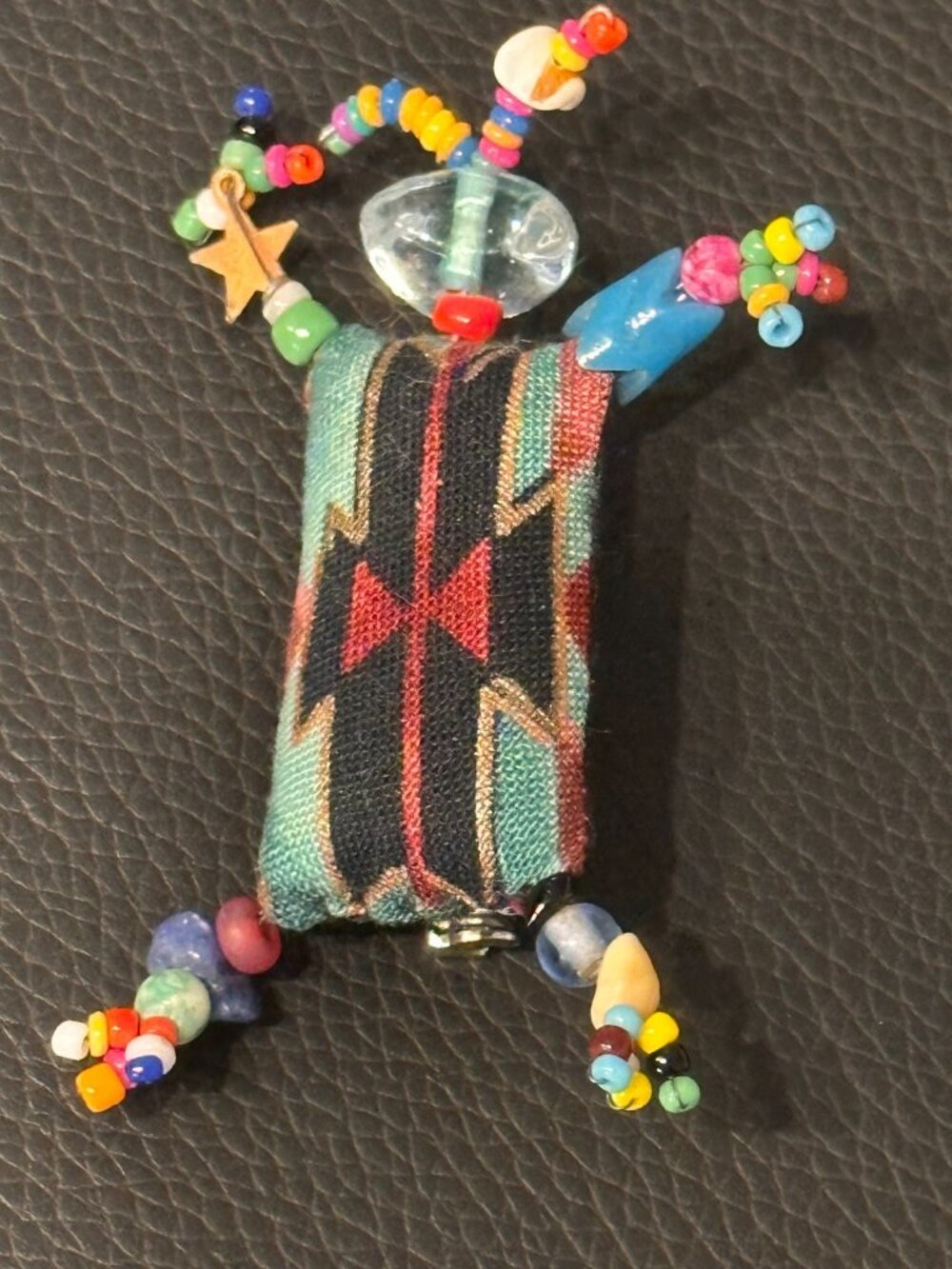 Vintage Fabric Doll Brooch Geometric Textile Colorful Beaded Limbs Artisan